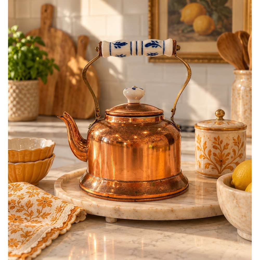 Vintage Copper Tea Kettle with Blue White Floral Ceramic Handle Brass Accents